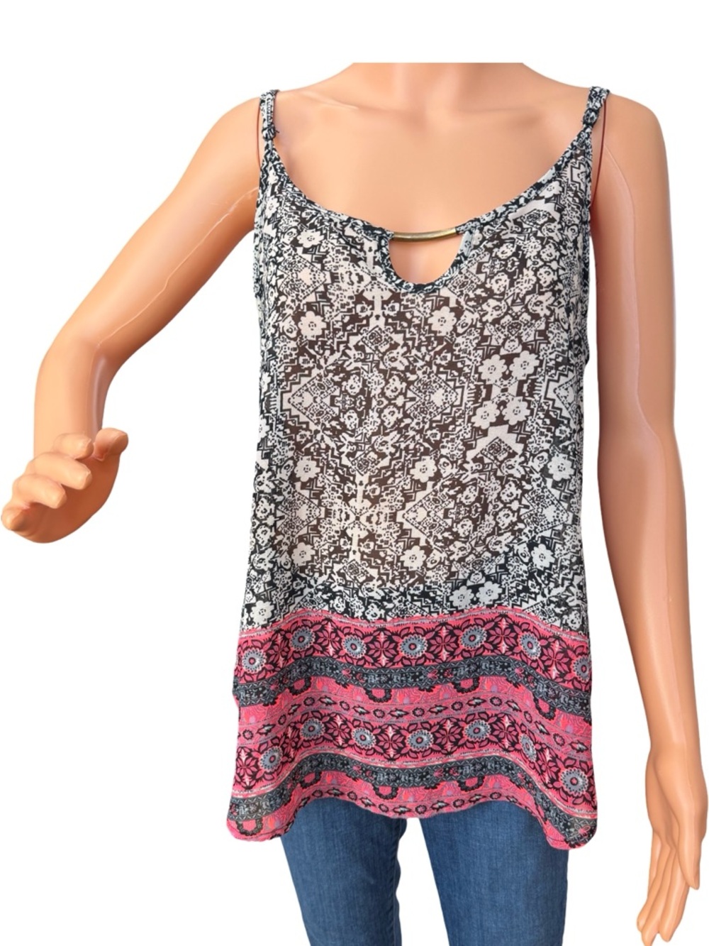 Blush Black & Pink Patterned Sleeveless Camisole with Metal Accent